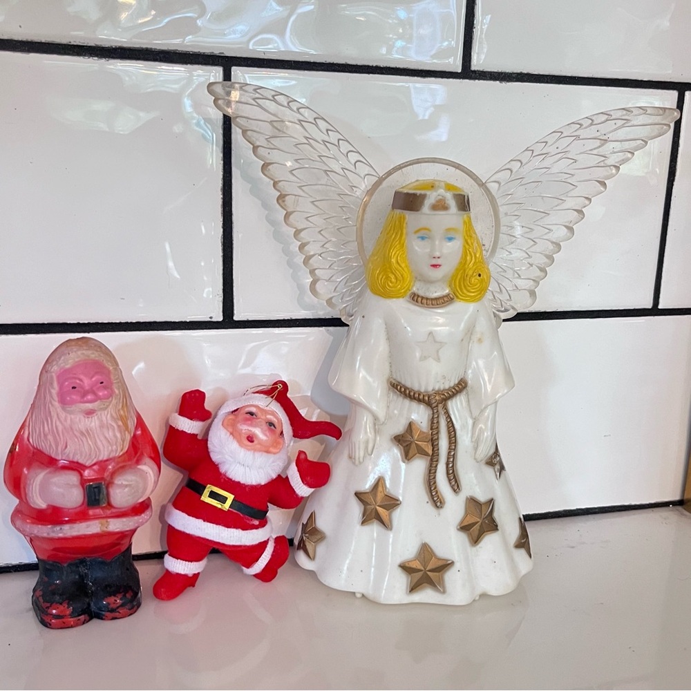 Vintage Christmas Lot Plastic Angel Topper, Flocked Santa Ornament, Santa Rattle